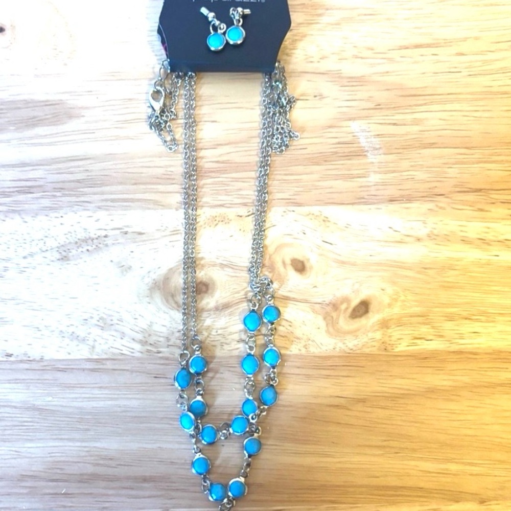 New Turquoise Blue Multi-Strand Pendant Necklace and Earrings Set